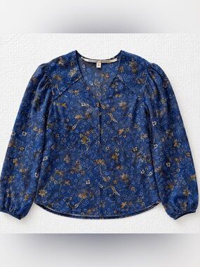 Second‎ Female Lantana Blue Floral Viscose Blouse Puff Sleeve Top Size Medium
